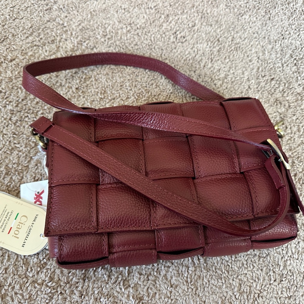 Red Woven Italian Leather Crossbody Bag with Adjustable Strap